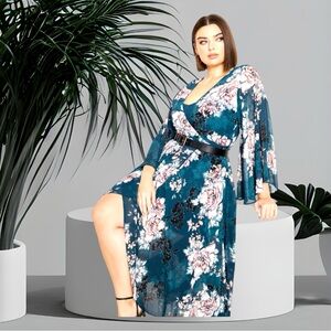 City Chic Jade Blossom High-Low Maxi Flattering Wrap Dress with Slip, 18W NWT